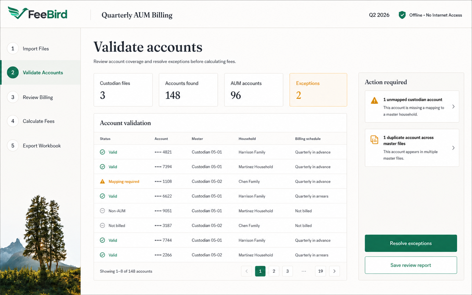 Synthetic FeeBird account validation dashboard showing masked account numbers and review exceptions